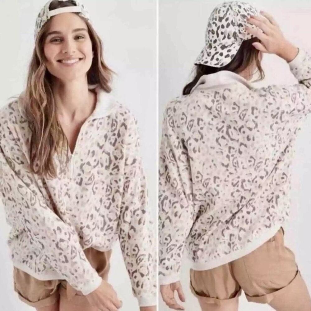 Aerie Oversized Good Vibes Quarter Zip Leopard Print Pullover Sweatshirt Small